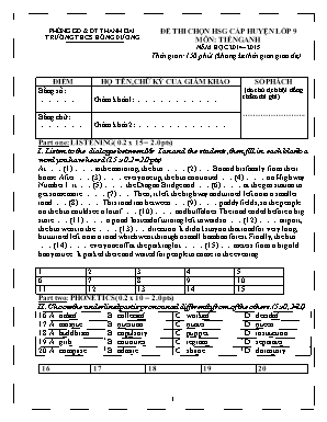 Đề thi chọn học sinh giỏi môn Tiếng Anh Lớp 9 - Năm học 2014-2015 - Trường THCS Hồng Dương (Có đáp án)